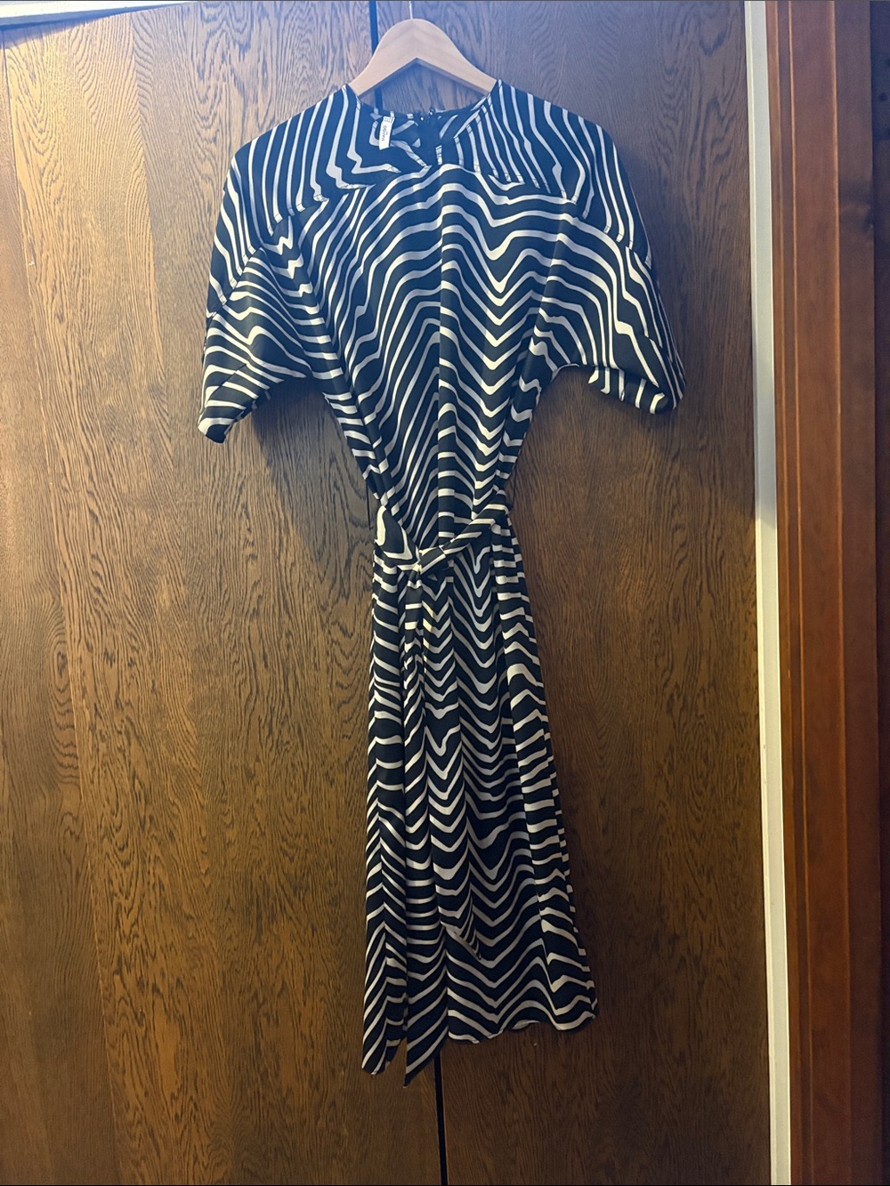 Mango Black and White Chevron Midi Dress with Waist Tie